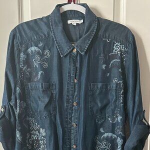 Chico's Chambray Roll Tab Floral Maxi Dress ~ New With Tags